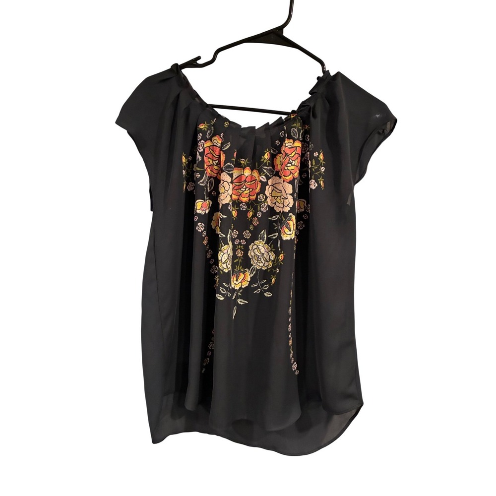 LC Lauren Conrad Floral Embroidered Tie Back Chiffon Blouse Black Large - Picture 2 of 9